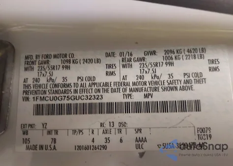 2016 Ford Escape Se из США, поврежденный, VIN 1FMCU0G75GUC32323